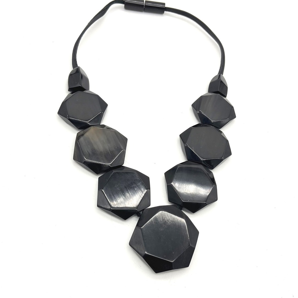 Moo Moo Designs Faceted Black Horn Statement Necklace Leather Magnetic Closure
